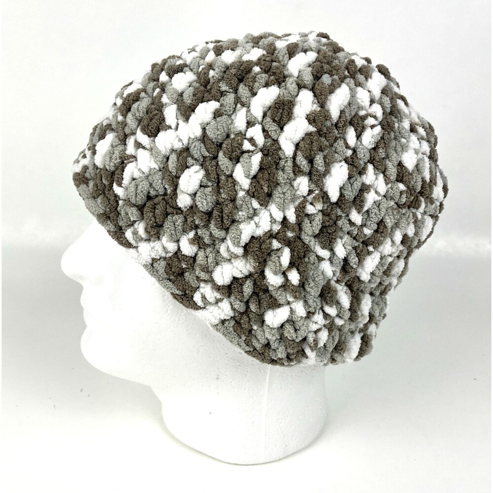 Chunky Knit Chenille Beanie Snug Fit Soft Variegated blend brown Cream Cozy